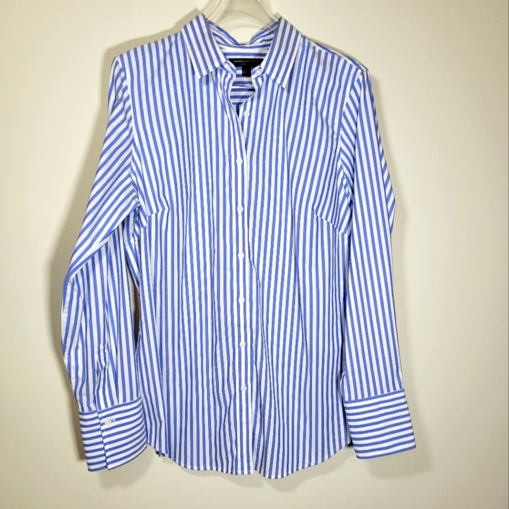 Women's Banana Republic Riley Shirt Blue & White Striped Button Down, Size 12